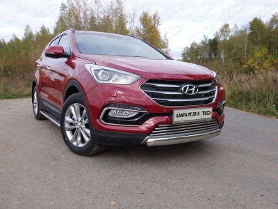 Защита передняя овальная короткая 75х42 мм ТСС для Hyundai Santa Fe 2015-2018