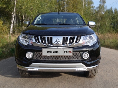 Защита передняя овальная с ДХО 75х42 мм ТСС для Mitsubishi L200 2015-2019