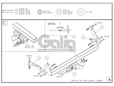 Фаркоп оцинкованный Galia шар A на фургон для Volkswagen Caddy 1995-2004