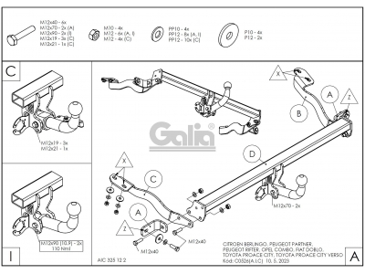 Фаркоп оцинкованный Galia шар A для Citroen Berlingo/Peugeot Partner 2008-2021 C052A
