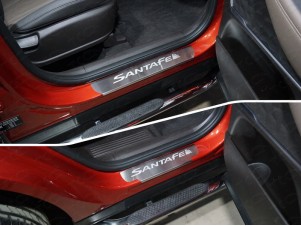 Накладки на пороги шлифованный лист надпись Santa Fe 4 штуки для Hyundai Santa Fe № HYUNSF18-04